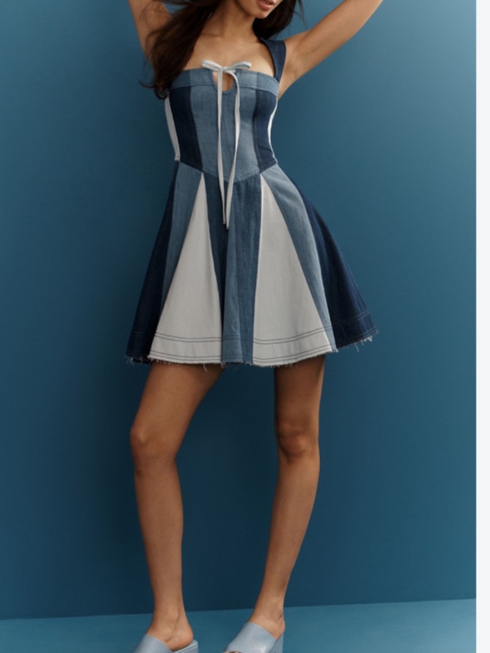 Anthropologie x Pilcro patchwork denim fit & flare boho mini dress sz M